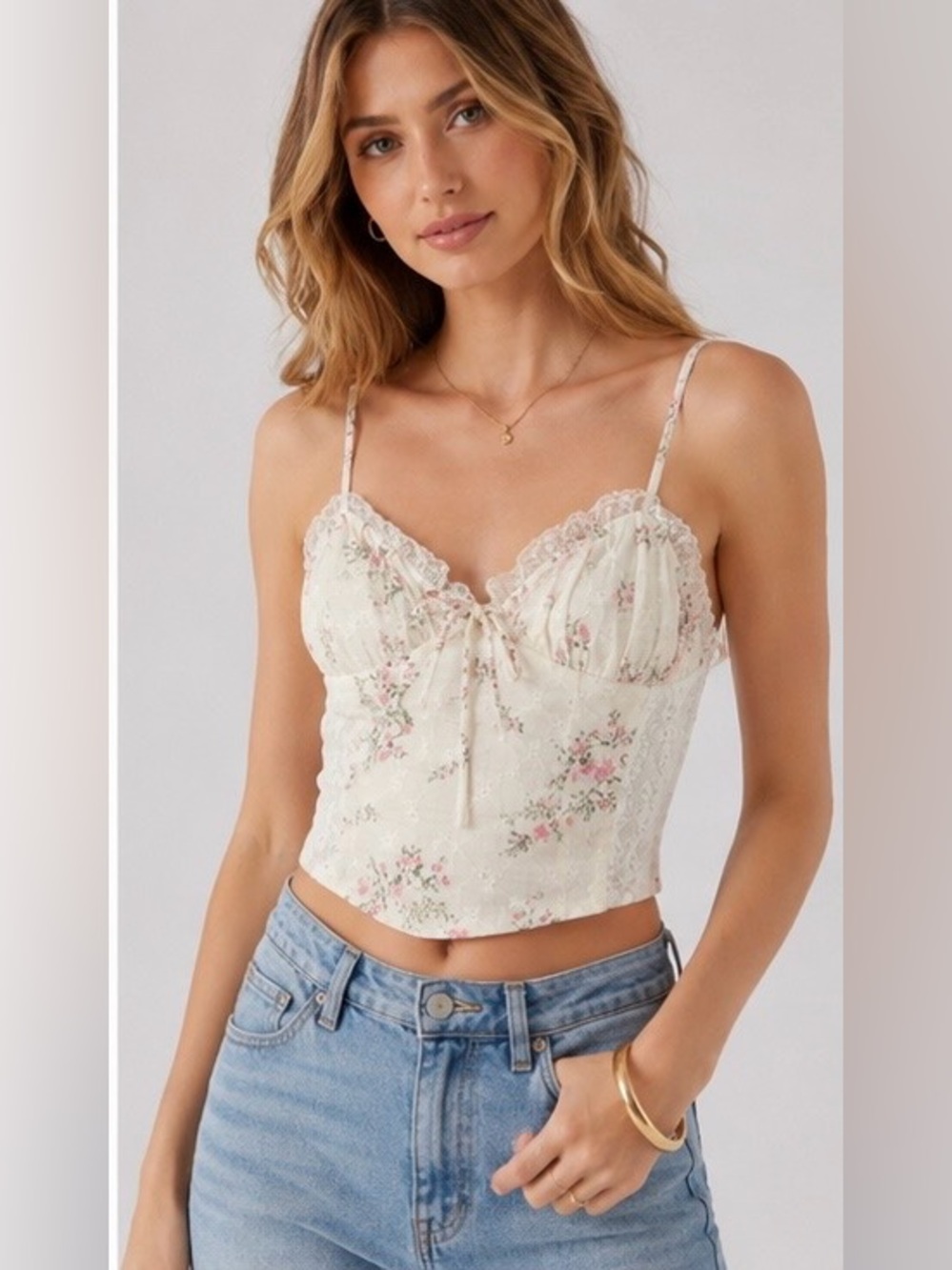 NWT All In Favor Ivory Pink Floral Lace Corset Crop Top Cami Large